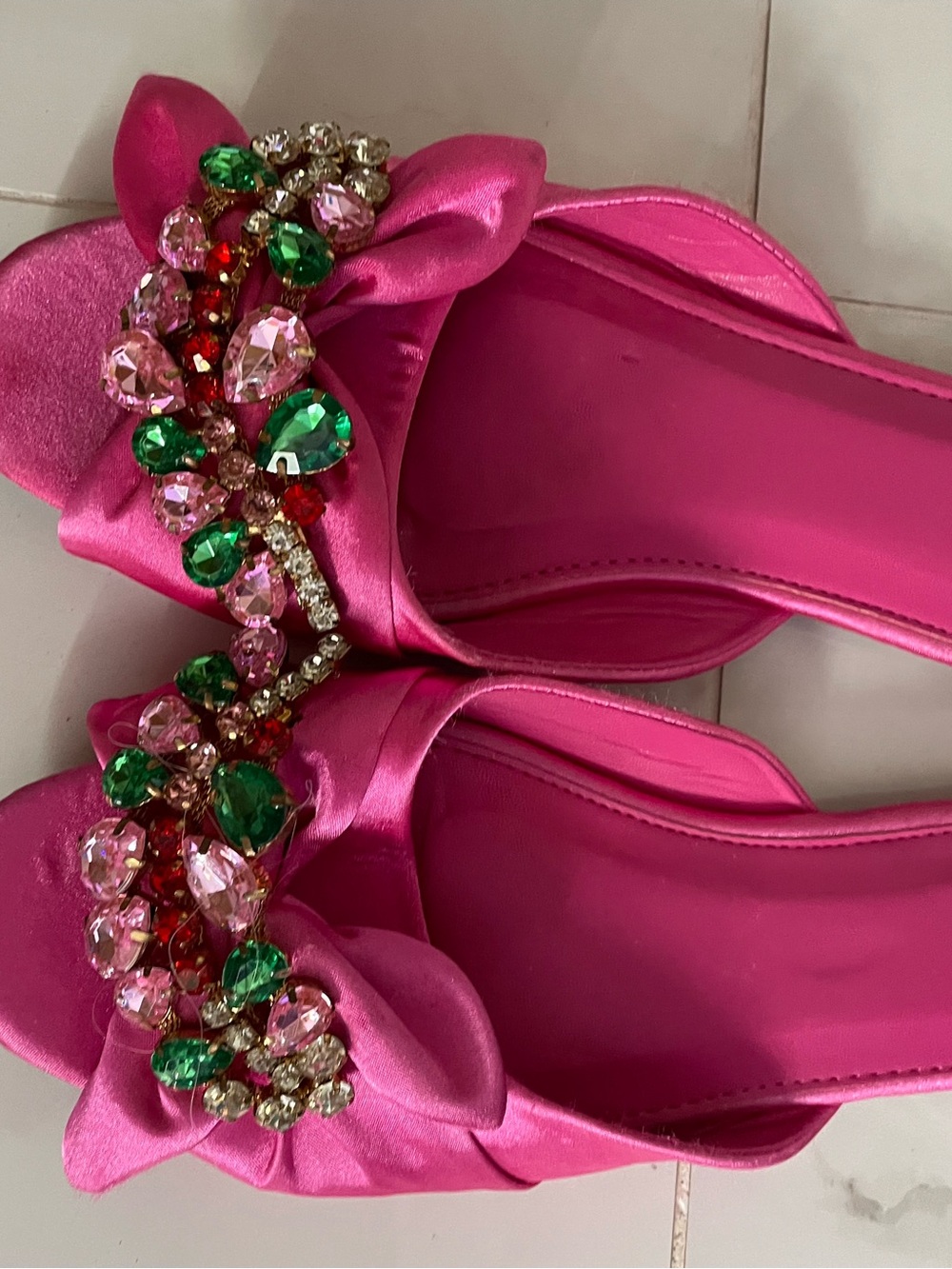 Embellished Pink Satin Women's Slide Heels